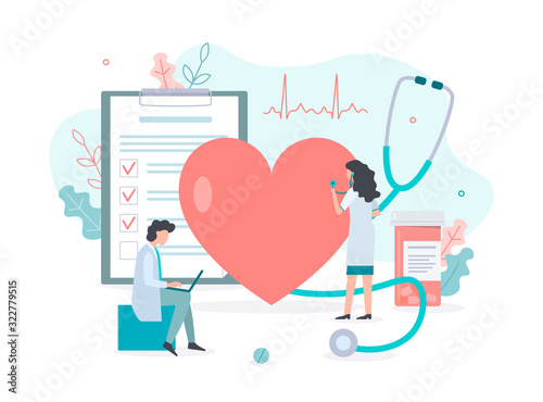 Doctors check heart health. Medicine concept with tiny people. Flat vector illustration.