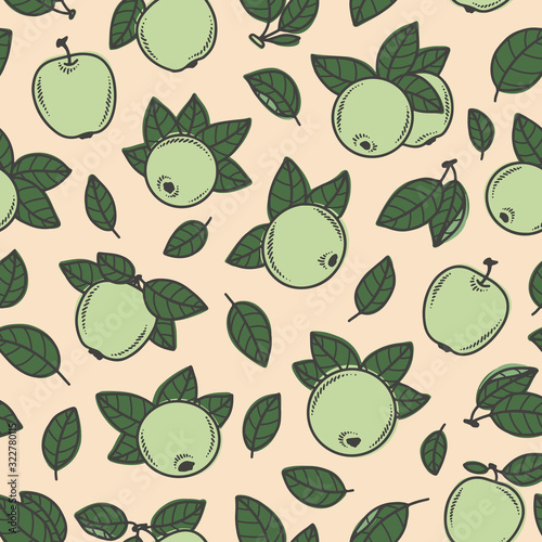 Seamless pattern with green apples on beige background. Vector illustration.