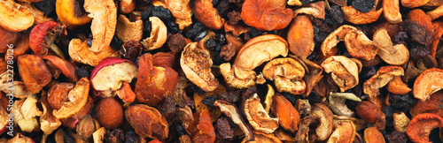 Dried fruits background and texture. Panorama. Banner.