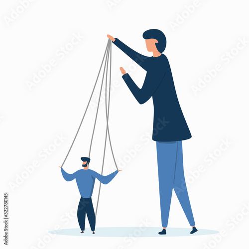 Cartoon color manipulation concept. Man on ropes. Vector illustration