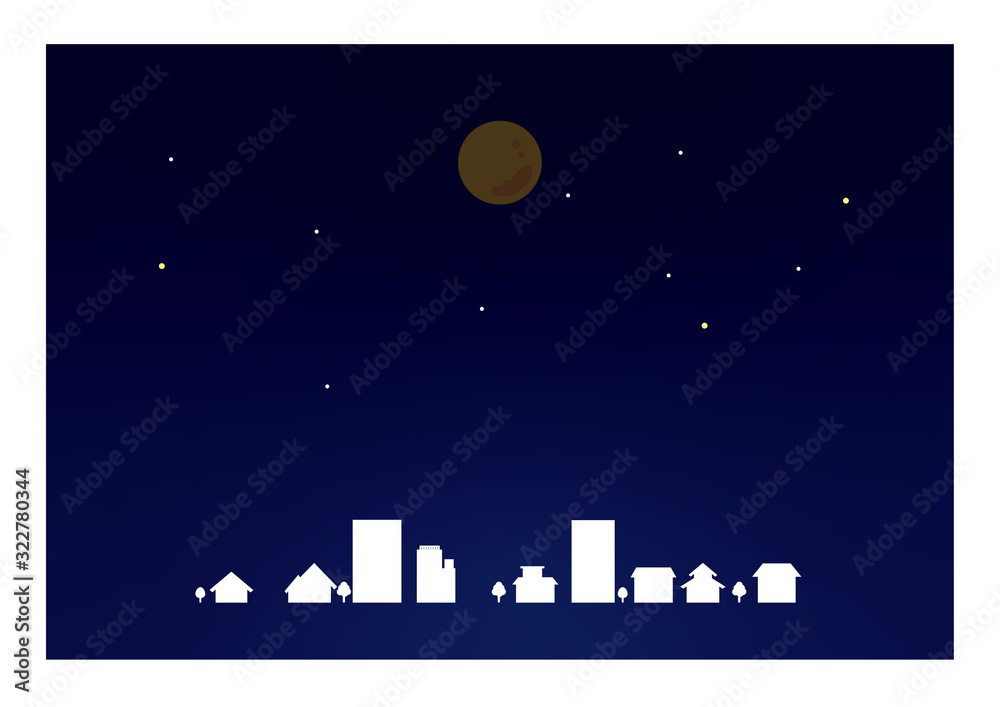夜空　街と月　背景素材　月食