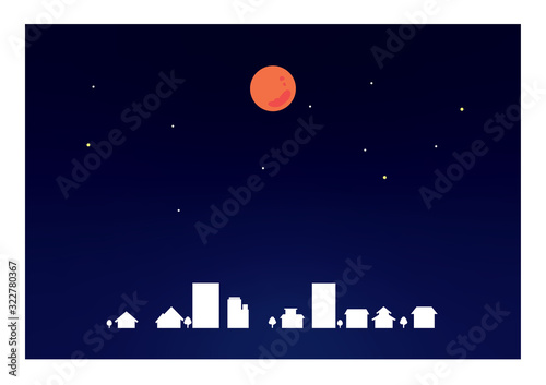 夜空　街　背景素材　ストロベリームーン