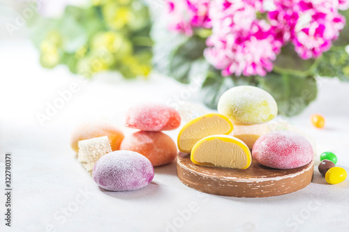 Japanese ice cream Mochi in rice dough. Traditional Japanese dessert on white background.