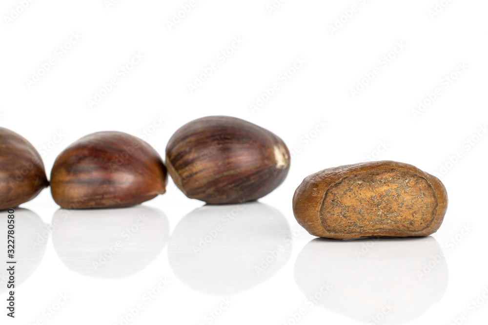 Group of four whole ripe edible brown chestnut isolated on white background Group of four whole ripe edible brown chestnut isolated on white background