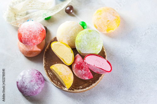 Japanese ice cream Mochi in rice dough. Traditional Japanese dessert on white background. photo