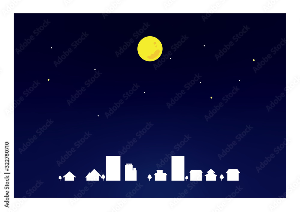 夜空　街と月　背景素材