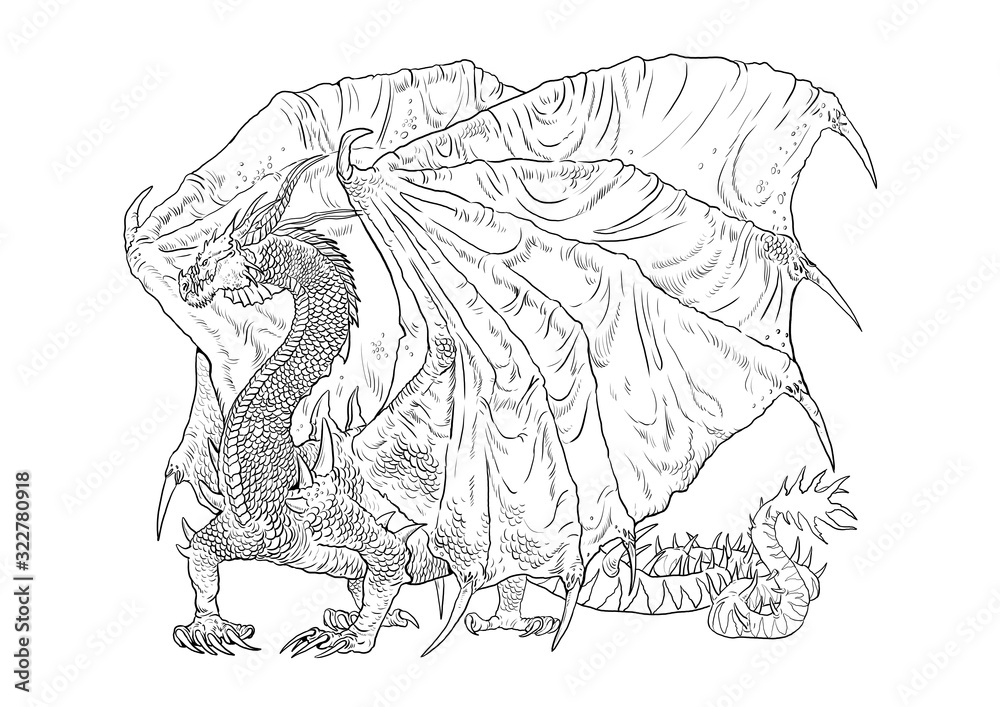 Dragon coloring page. Outline illustration. Dragon drawing coloring