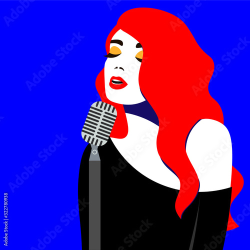Girl with pop art style sings in blues style. Bright color illustration of a girl