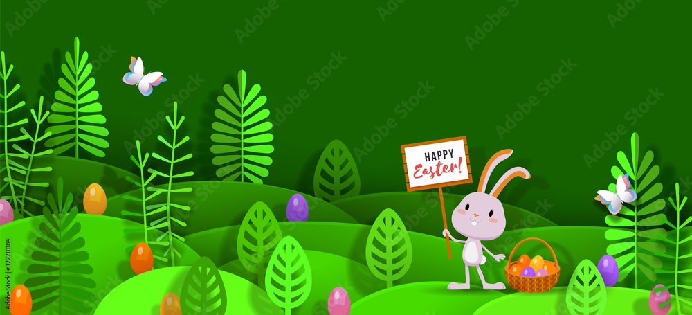Naklejka premium Easter papercut layered design with bunny, eggs, stylized trees Vector