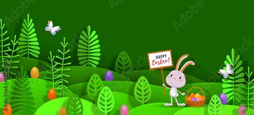 Easter papercut layered design with bunny, eggs, stylized trees Vector