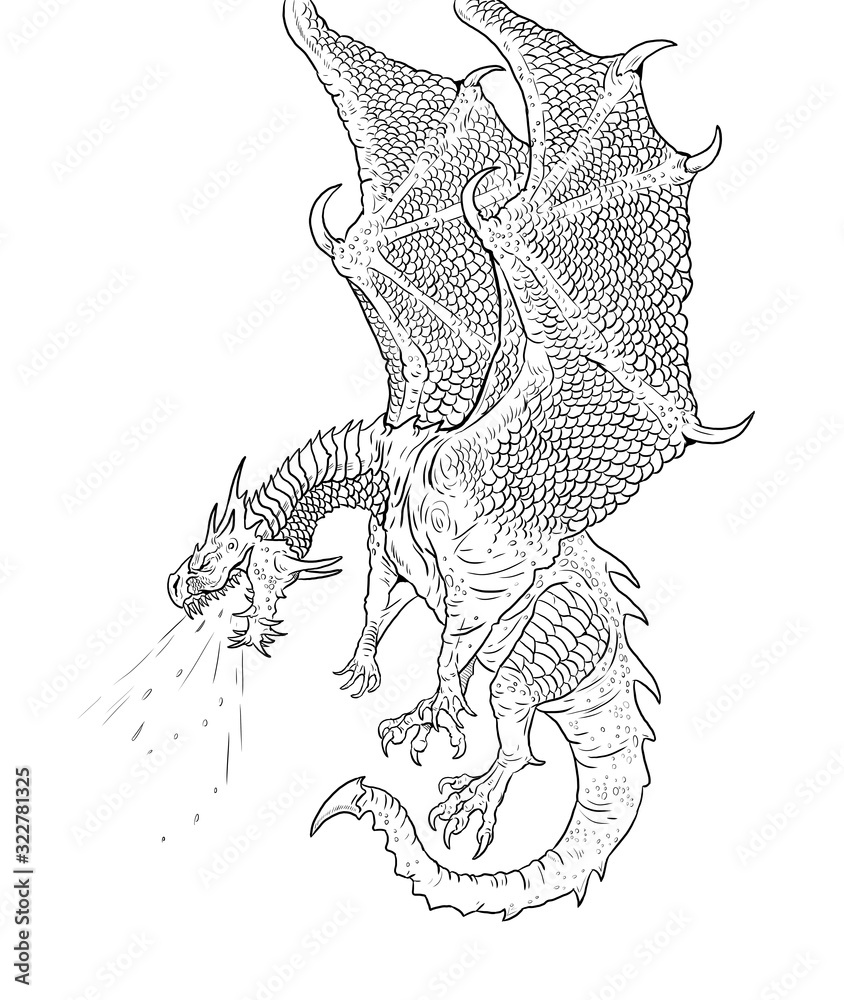 Dragon coloring page. Outline illustration. Dragon drawing coloring