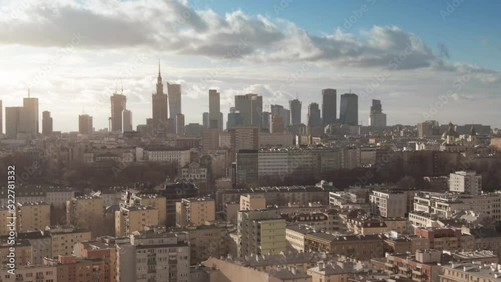 Aerial establishing shot of Warsaw on a partially cloudy day, Poland Aerial establishing shot of Warsaw on a partially cloudy day, Poland