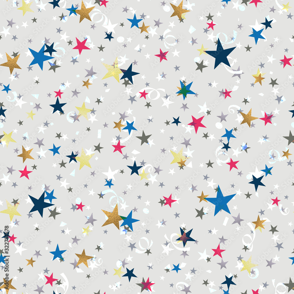 Seamless Gold , red, blue stars on a gray background.