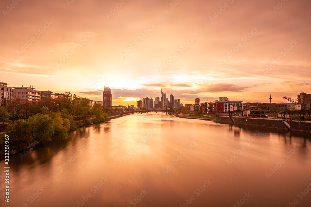 Frankfurt skyline sunset, main river view 