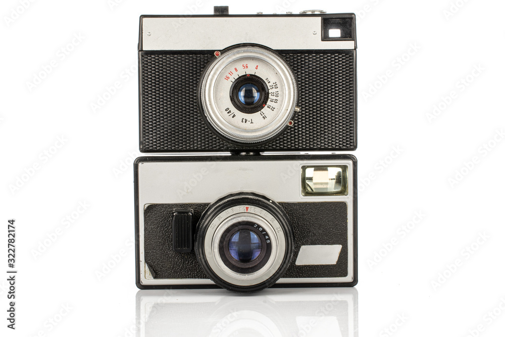 Group of two whole silver vintage camera isolated on white background