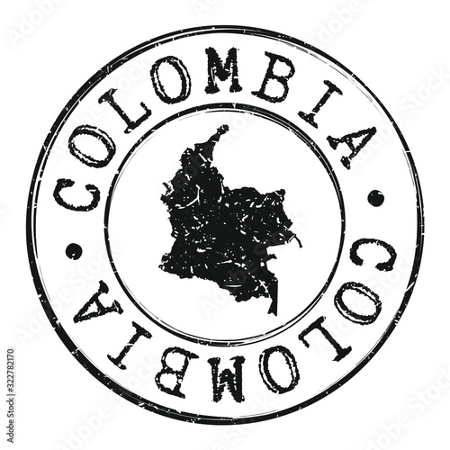 Colombia Map Silhouette. Postal Passport Stamp Round Vector Icon.