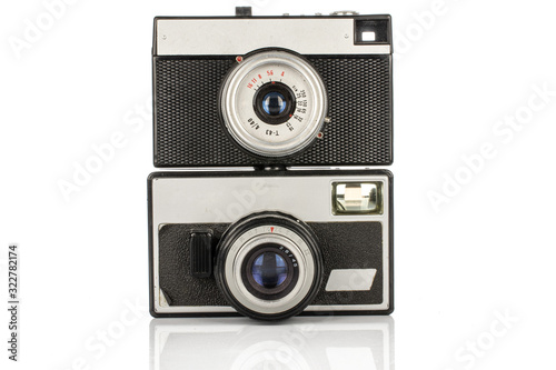 Group of two whole silver vintage camera isolated on white background