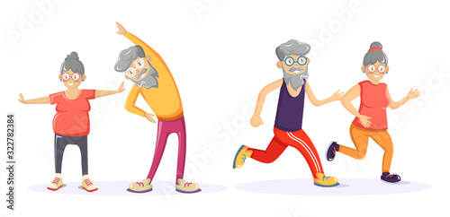 Senior age couple together running and doing exercises.