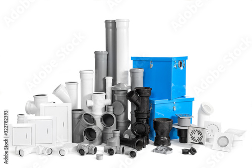 Fotografia Different pipe and fitting connections for sewerage and plumbing