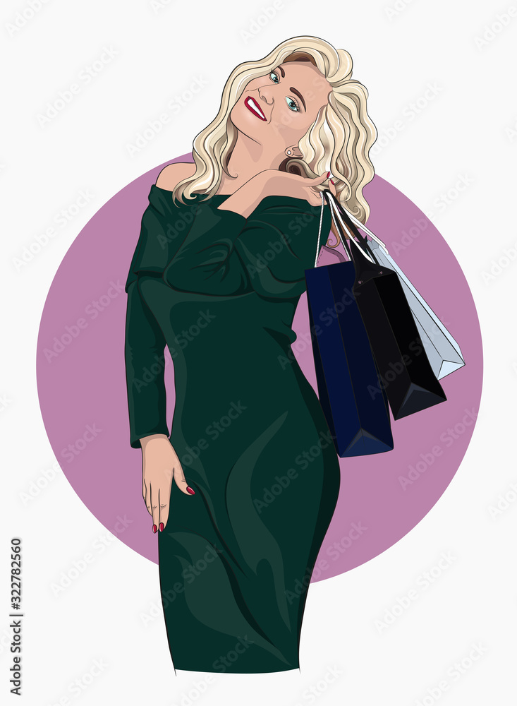 Happy young woman holding shopping bags and enjoying sales. With purchases in paper shopping bags. for Black Friday sale, eps10, vector image Happy young woman holding shopping bags and enjoying sales. With purchases in paper shopping bags. for Black Friday sale, eps10, vector image