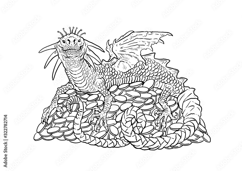 Dragon guards his gold coloring page. Outline illustration. Dragon