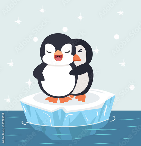 Penguins happy Couple hug on ice floe vector