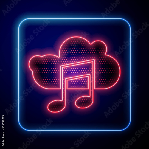 Glowing neon Music streaming service icon isolated on blue background. Sound cloud computing, online media streaming, song, audio wave.  Vector Illustration