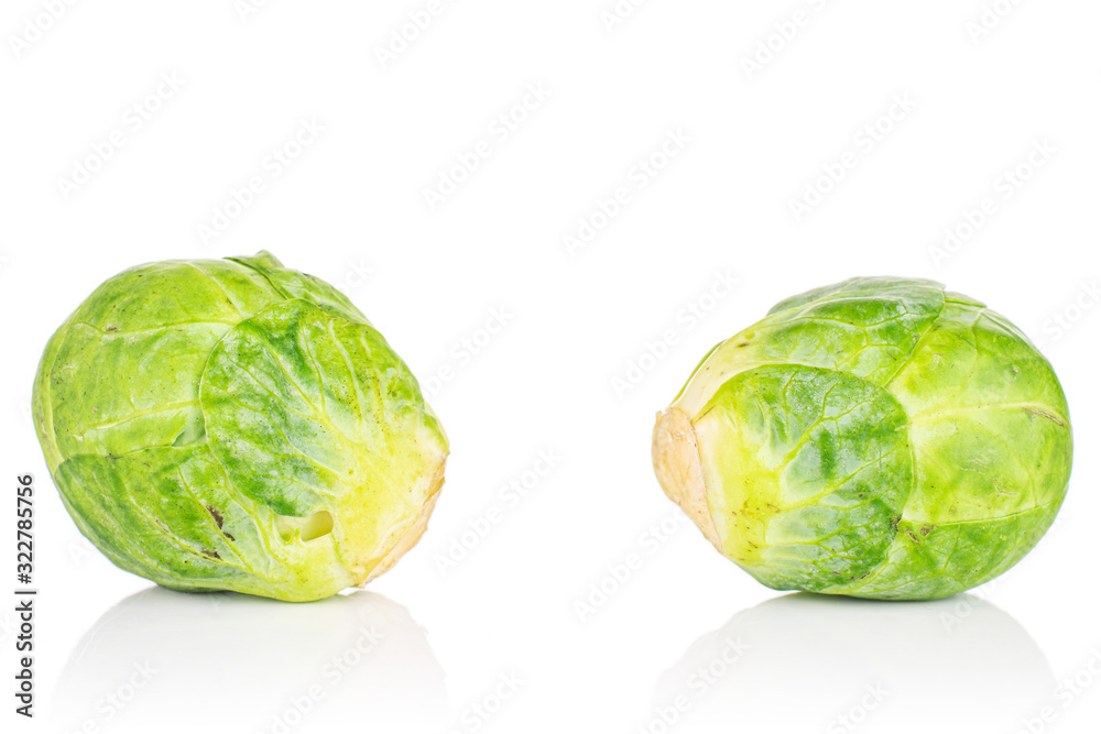 Group of two whole fresh green brussels sprout isolated on white background Group of two whole fresh green brussels sprout isolated on white background