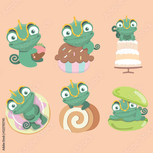 Set of cartoon chameleon cute with dessert cartoon..