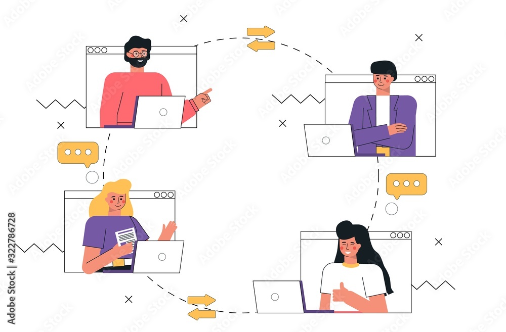 Modern communication vector trendy illustration video call concept. Young man and women using video calling and messaging talking internet app on laptop or smartphone. Flat cartoon style. Modern communication vector trendy illustration video call concept. Young man and women using video calling and messaging talking internet app on laptop or smartphone. Flat cartoon style.