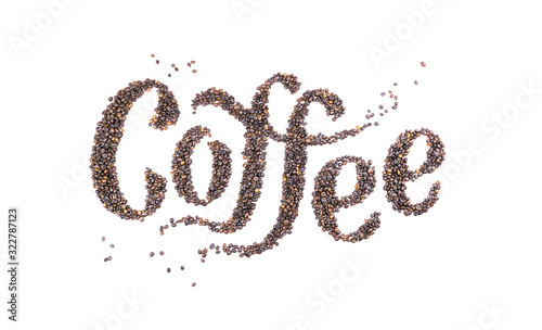 beans spelling the word coffee break and some beans on the bottom isolated on white background.