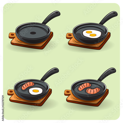 Fried egg on a frying pan. Frying pan with scrambled egg. Food Vector illustration