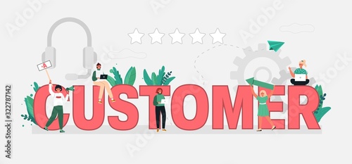 Business illustration customer service on a background of elements. Around a team of people, with headphones, laptop and rating. Vector illustration in flat cartoon style.
