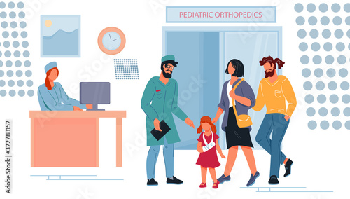Children orthopedic dept in hospital with doctors and injured little patient. Children medicine and medical insurance concept. Family healthcare services. Flat vector illustration.