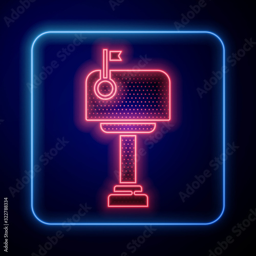 Glowing neon Mail box icon isolated on blue background. Mailbox icon. Mail postbox on pole with flag.  Vector Illustration