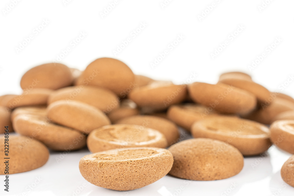 Lot of whole sweet brown chocolate sponge biscuit in big group isolated on white background Lot of whole sweet brown chocolate sponge biscuit in big group isolated on white background
