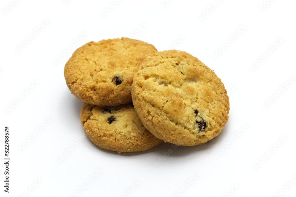 Raisin cookies or biscuit flavor. Isolated on white background. Selective focus.