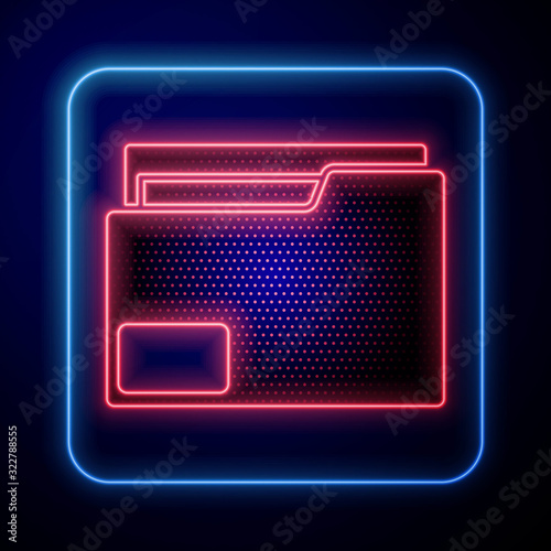 Glowing neon Document folder icon isolated on blue background. Accounting binder symbol. Bookkeeping management.  Vector Illustration