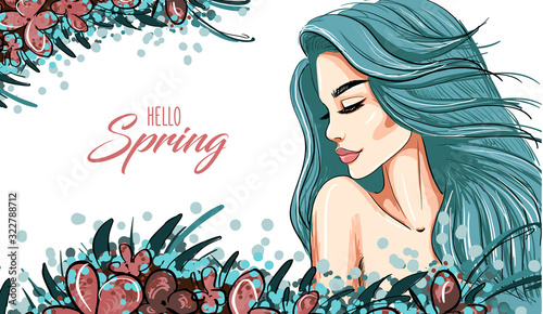 spring banner with woman blue hair art