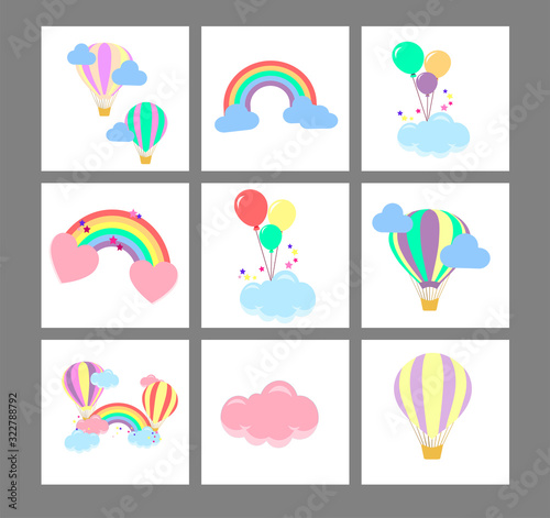 Vector set of children's stylish vector illustrations for baby cards. Balloons, clouds and rainbows flat vector design. 