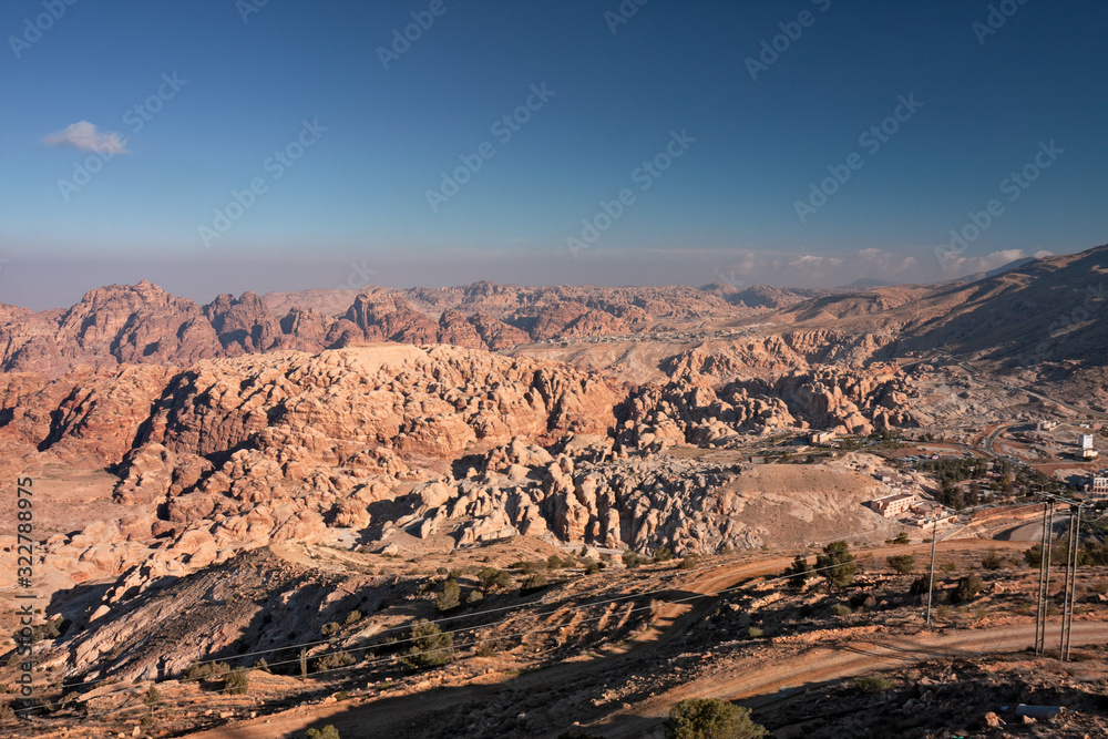 Panoramic view of the rocky desert in the area of the archaeological site of Petra in Jordan.