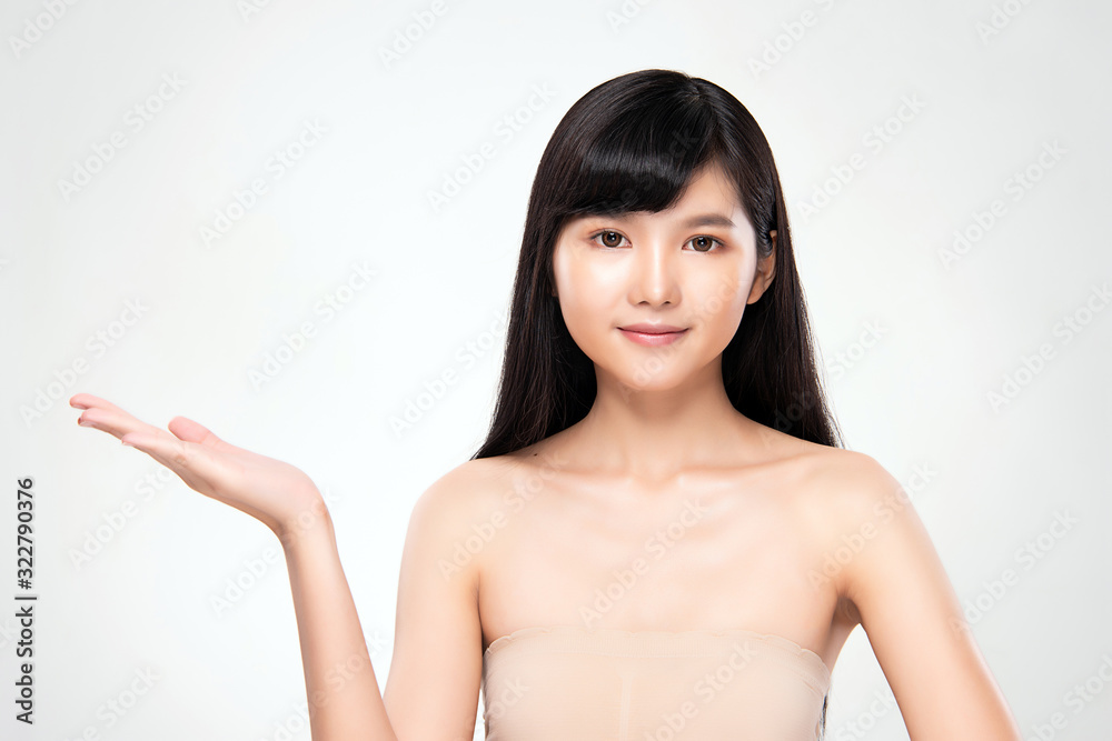 Portrait beautiful young asian woman clean fresh bare skin concept. Asian girl beauty face skincare and health wellness, Facial treatment, Perfect skin, Natural makeup, on white background,two Portrait beautiful young asian woman clean fresh bare skin concept. Asian girl beauty face skincare and health wellness, Facial treatment, Perfect skin, Natural makeup, on white background,two