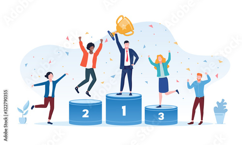 Victory concept with the businessman winner holding gold cup on the center podium flanked by the runners up and cheering people, colored vector illustration photo