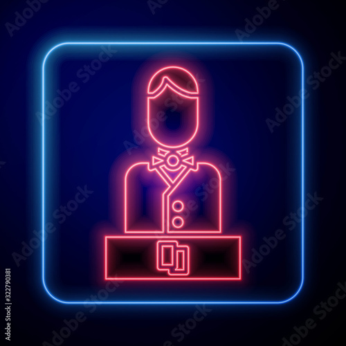 Glowing neon Casino dealer icon isolated on blue background. Casino croupier.  Vector Illustration