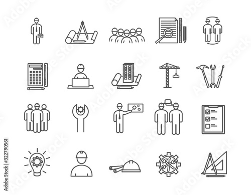 Set of line drawing engineering icons with engineers following assorted activities, tools, drawings, gear wheel and light bulb, vector illustration for design elements