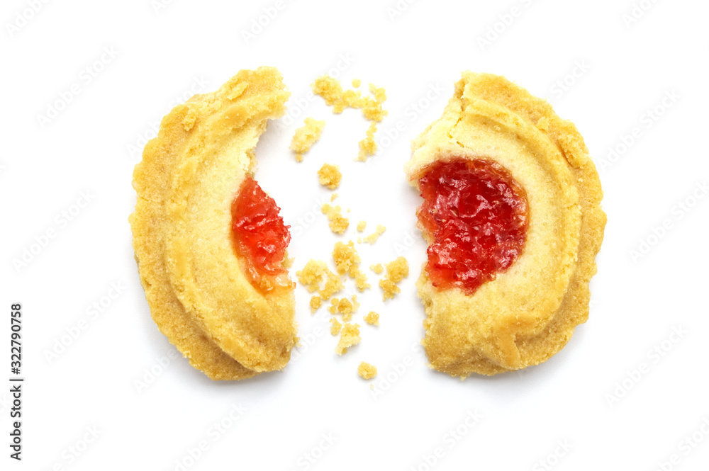 Butter cookies strawberry jam topping flavored. Some cracks and crumbs