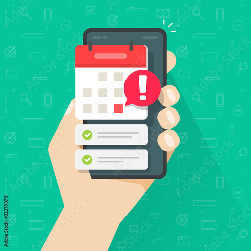Mobile phone calendar important deadline notice date and task list or smartphone with event appointment vector flat cartoon illustration, online scheduled agenda on cellphone modern design image