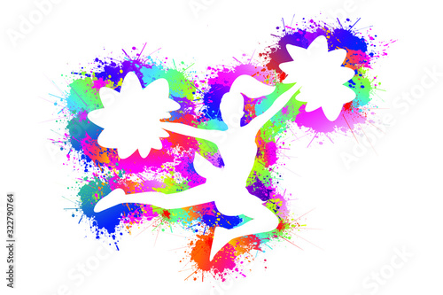 Popular sports background. Cheerleader logo design. Dancing colorful girl splash paint. Icon, Symbol, Silhouette, Exercises, Healthcare, Medical. Vector illustration. 