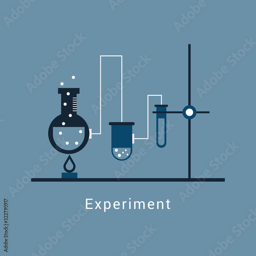  Chemistry lab equipment. Flasks, beakers and burner science instruments on white, vector chemical or biological research processing