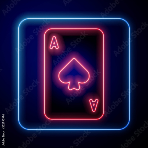 Glowing neon Playing card with spades symbol icon isolated on blue background. Casino gambling.  Vector Illustration